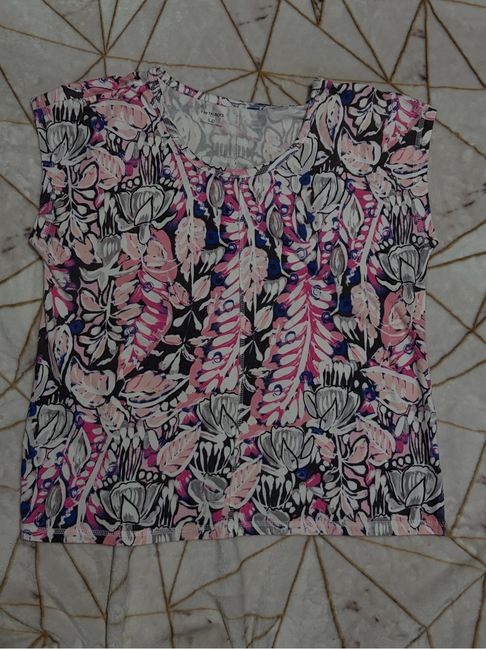 Talbots Pink, Black and White Floral Short Sleeve Top